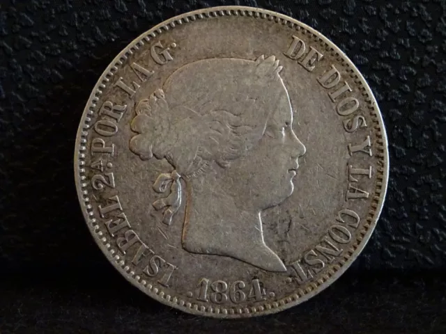 Isabel II: 10 Reales 1864. Madrid. Plata 900 - 12,78g.