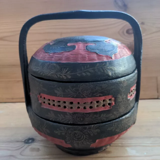 VINTAGE  Chinese Wedding Basket, 2 Tier, Woven Wicker & Bamboo Red & Black