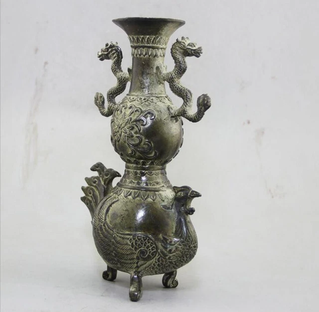 antique chinese porcelain vase large brass Dragon Phoenix gourd vase ornaments