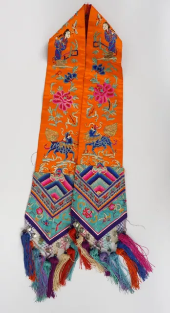 ANTIQUE CHINESE KESI Embroidery Silk Textile Scarf Qilin Immortal 19th ...