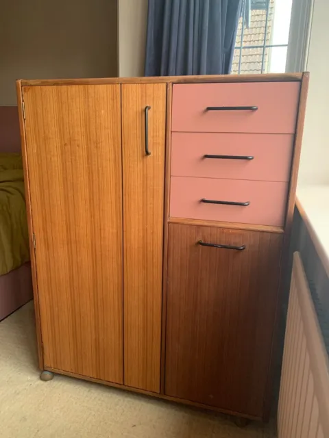 Mid Century GPLAN E Gomme Gentleman's wardrobe with dark pink drawers