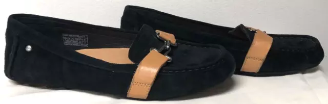 Ugg Driving Shoes Black Suede With Tan Leather Strap & Logo Flats Women's Sz 6