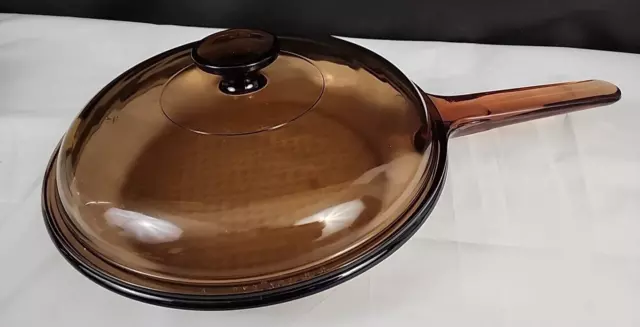 Pyrex Corning Vision Ware Amber 10” Glass Skillet With Lid Fry Pan Waffle  Bottom