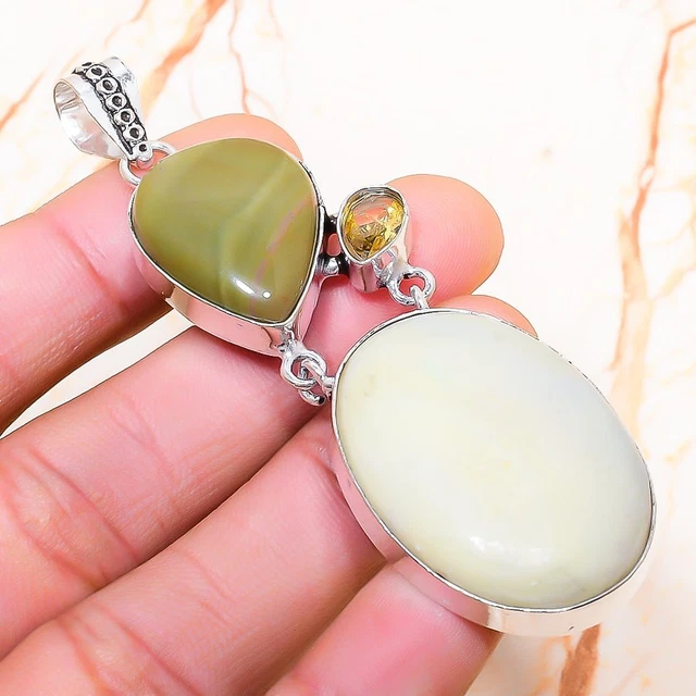 Swiss Green Opal, Citrine Gemstone Handmade Gift Jewelry Pendant 3.15" f958