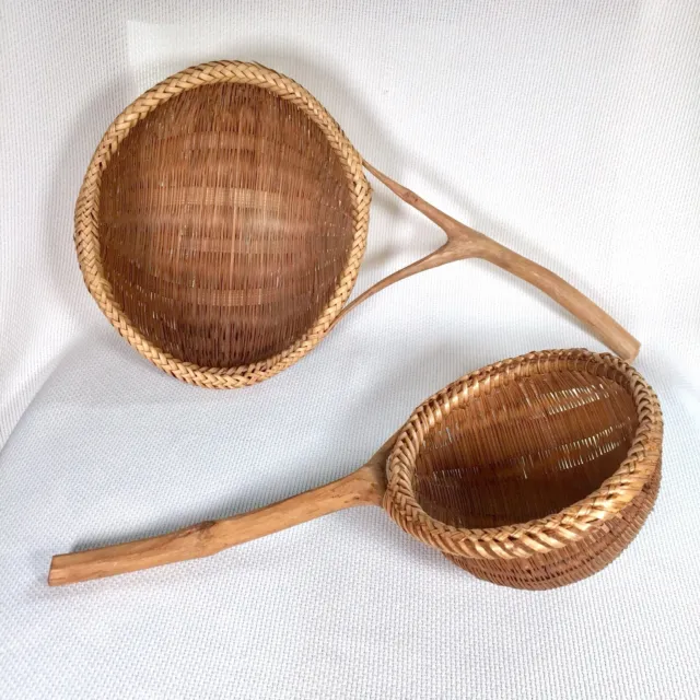 Vtg Wicker Ladles Spoon Scoop Woven Rattan Basket Wood Handle Primitive