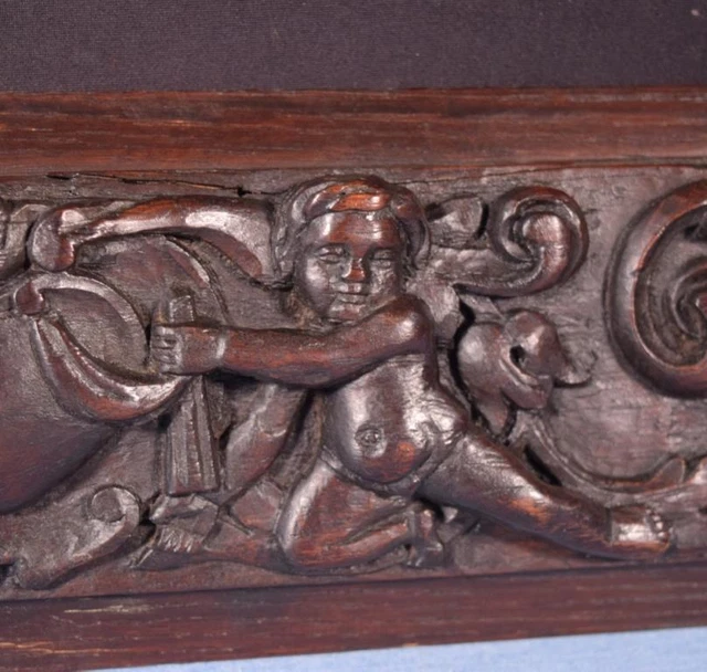 *French Antique Highly Carved Architectural Trim Panel in Solid Oak w/Cherubs 9