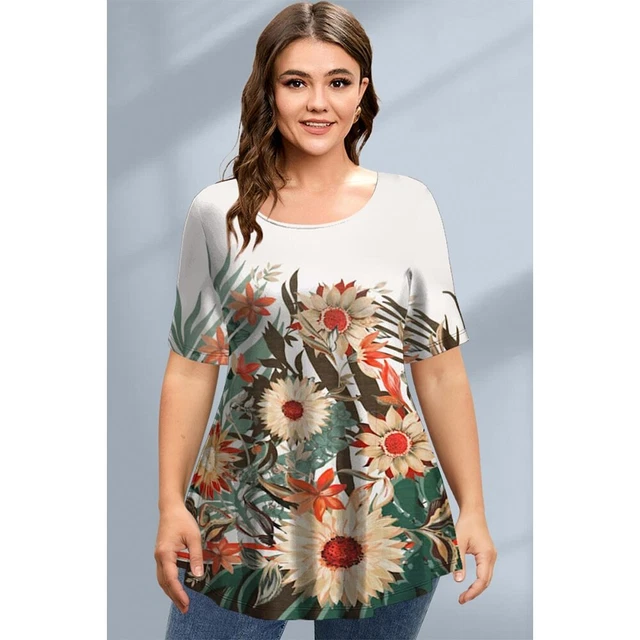 Women's Plus Size T-Shirts Spring Clothing Floral Graphic Pullovers  1x 2x 3x 4x