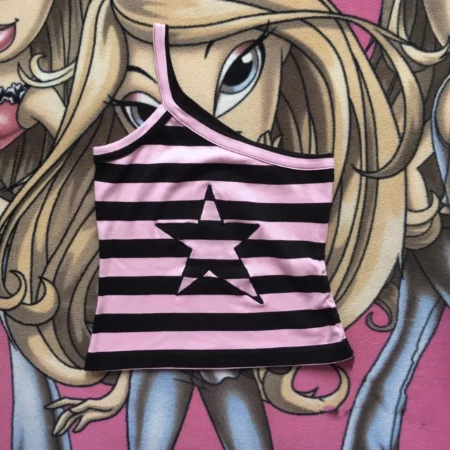 Striped Baby Tee Spaghatti Strap Assymmetrical Pink Black Emo Punk Rockstar Star