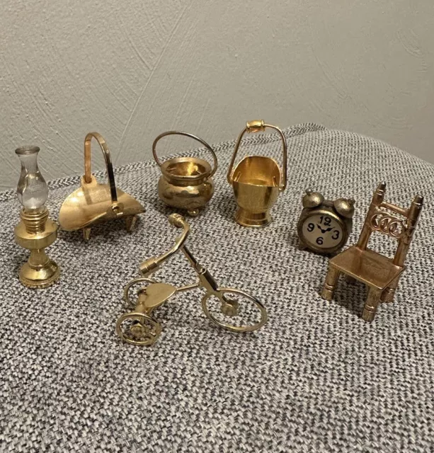 Dollhouse Miniature Lot Brass/Metal 7 Pieces - Tricycle Bike, Chair, Clock Etc