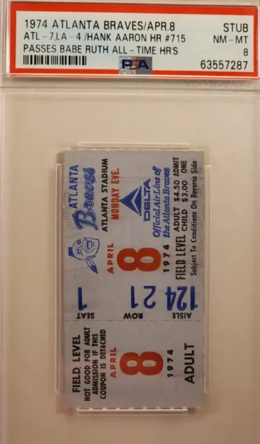 April 8 1974 Hank Aaron Hr #715 Ticket Stub Pass Babe Ruth All-Time Psa Nm-Mt 8