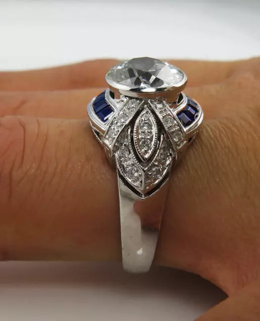 2.10 Ct Art Deco Style Lab-Created Diamond & Blue Sapphire Ring In 925 Silver