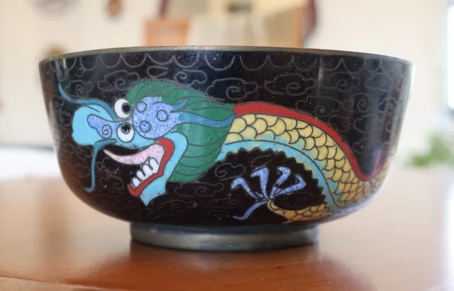Antique Chinese Cloisonné 5 Claw Dragon Bowl 1891-1919 BLACK BLUE. Marked CHINA