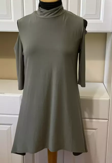 Clara Sun Woo Women's Sz XS Olive Green Cold Shoulder Dress Tunic Asymmetric hem
