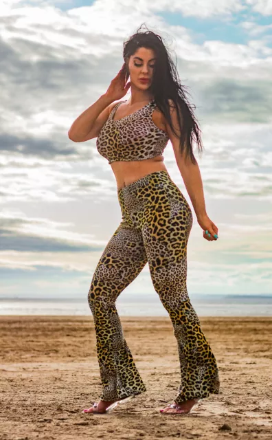 Classic Leopard Cheetah Animal Skin Print Crop Top Flare Leggings Coord Set 2Pc