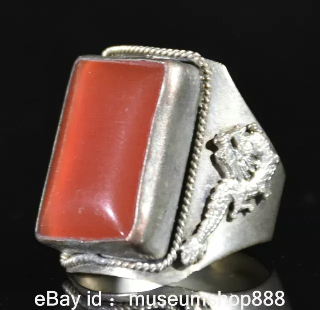 1.2" Old Chinese Silver Gems Dynasty Palace Dragon Phoenix Finger Jewelry Ring