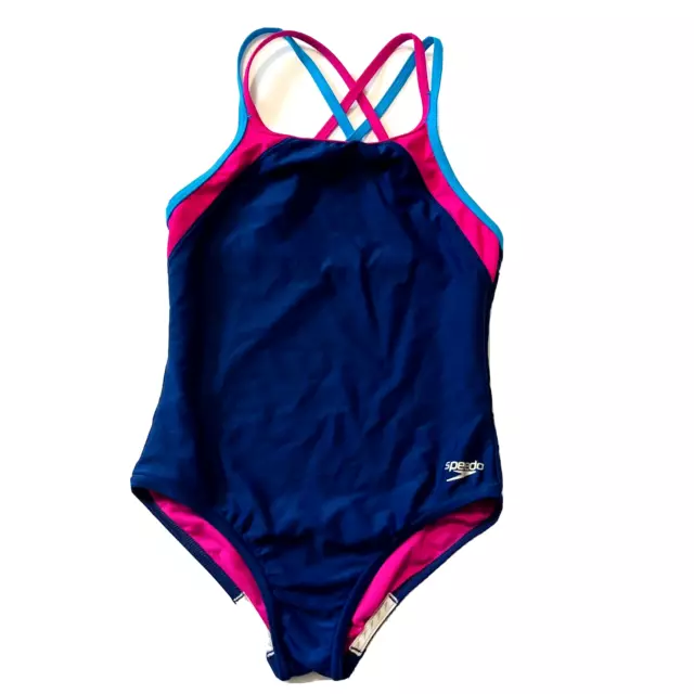 Traje de baño Speedo Girl's azul rosa de una pieza talla 10 con correa espalda