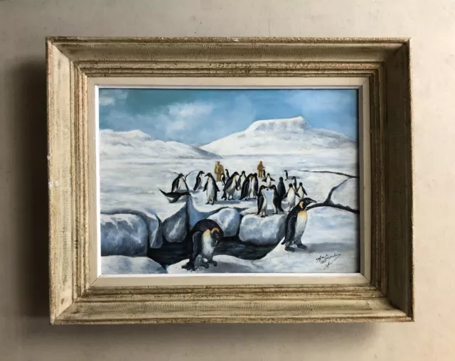 Altes Gemälde, signiert, datiert 1960, gerahmt, Pinguine auf dem Eis,...