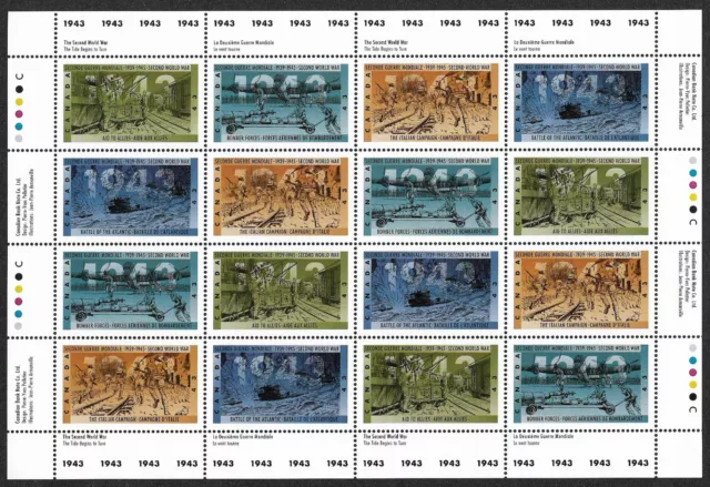 Canada —Full Pane of 16 —2nd World War -1943 Tide Begins to Turn #1503-1506 MNH