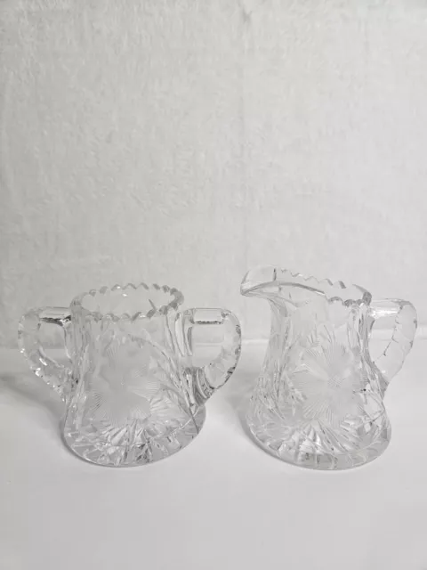 Antique c1900 American Brilliant Period ABP Cut Crystal Sugar & Creamer Daisy