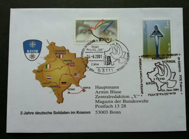 Kosovo Germany Interim Administration 2001 Eye Bird Peace (FDC) *dual PMK