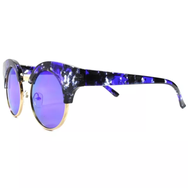 Designer Upscale Celebrity Blue Mirrored Lens Gold Rim Womens Round Sunglasses 2