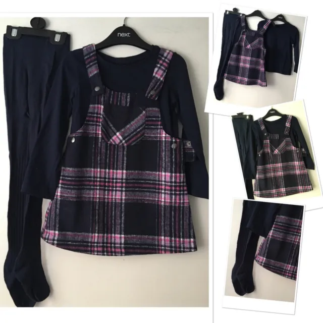 Nutmeg girls checked pinafore dress & next top  Exc u & new tights 2-3 years