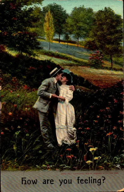 Postcard romance card How are You Feeling? Kissing couple 1910 Postmark