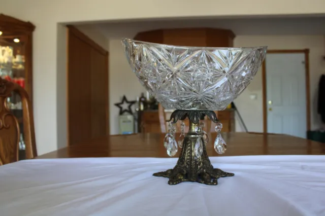 Crystal & Brass Large Ornate Oblong Vintage Pedestal Cut Glass Compote & Prisms