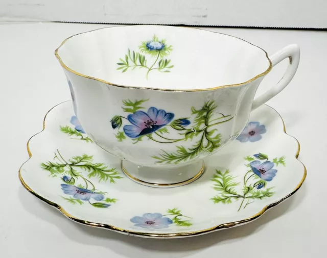 Shelley Bone China Floral Cup & Saucer Blue Flowers-ENGLAND-Scalloped Gold Edges