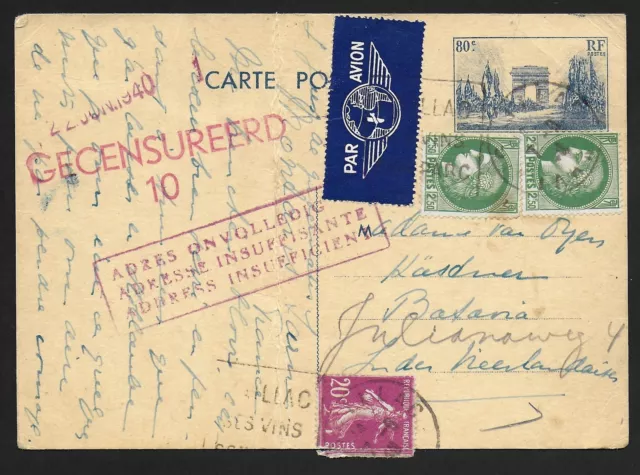 France covers 1940 censored Airmail PC to Batavia / Postmarks