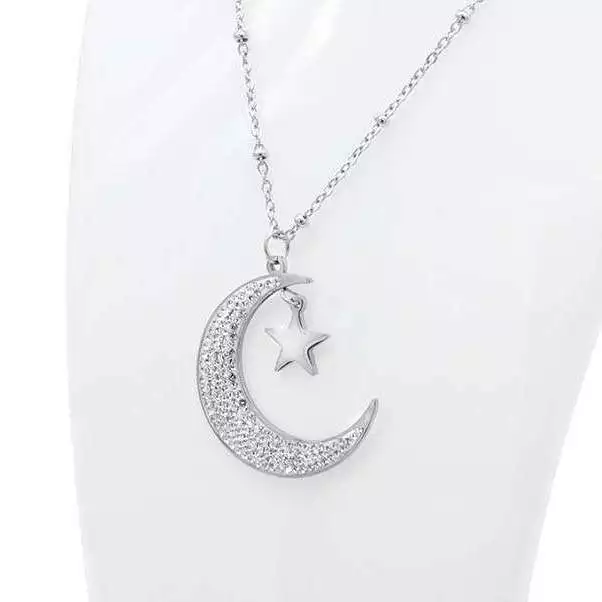 Half Moon & Star Pendant Long Chain Necklace. Silver Colour.