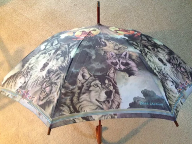 Vintage Collectible Umbrella, Has Wolf/Native American Artwork By Bruce Lakofka 2