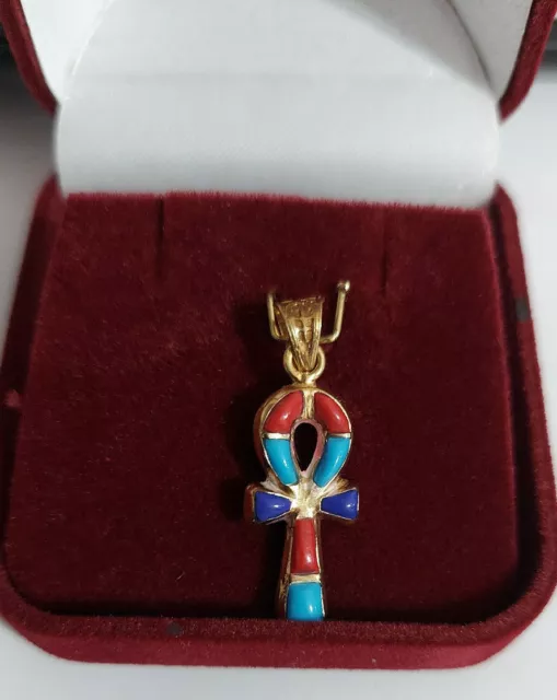 Egyptian Ankh Cross Key of Life Colored 18K Yellow Gold Pendant 1.3 Gr 2