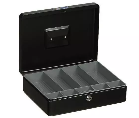 Esselte Classic Metal Cash Box No 12 - 300 x 230 x 90mm BLACK with Tray Lock Key