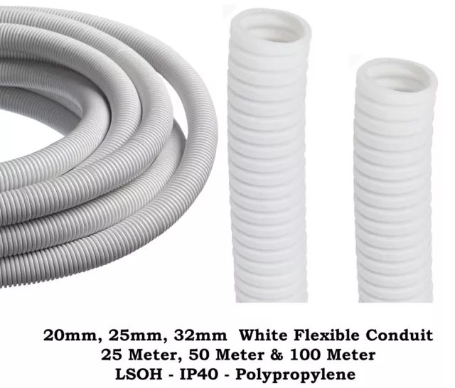 Quality White 20mm, 25mm & 32mm Flexible Conduit - LSOH - IP40 - Solid & Split