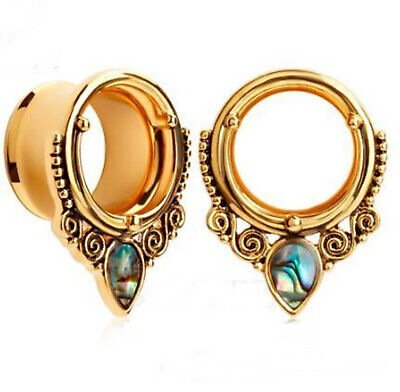 PAIR-Abalone Shell On Gold Plate Double Flare Ear Tunnels 19mm/3/4" Gauge Body