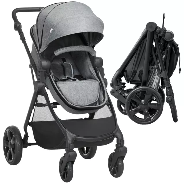 HOMCOM 2 in 1 Pushchair Stroller w/ Reversible Seat Single Hand Foldable Grey