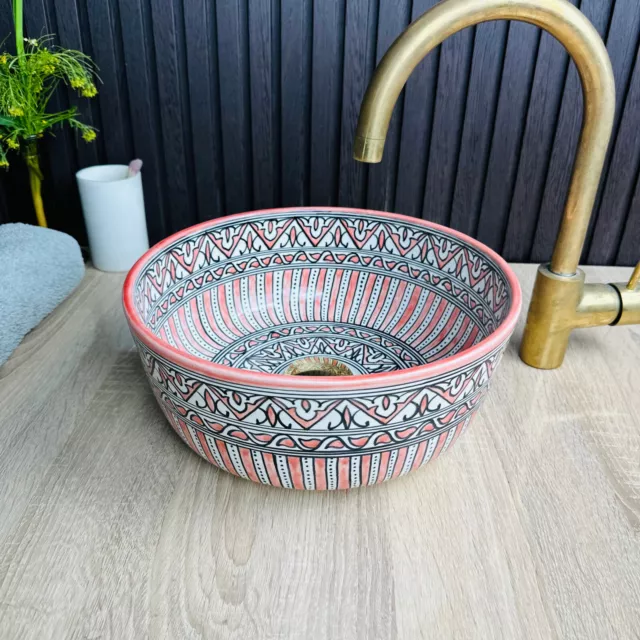 Pink and black Bathroom vessel sink, Moroccan hand-painted artisan sink,