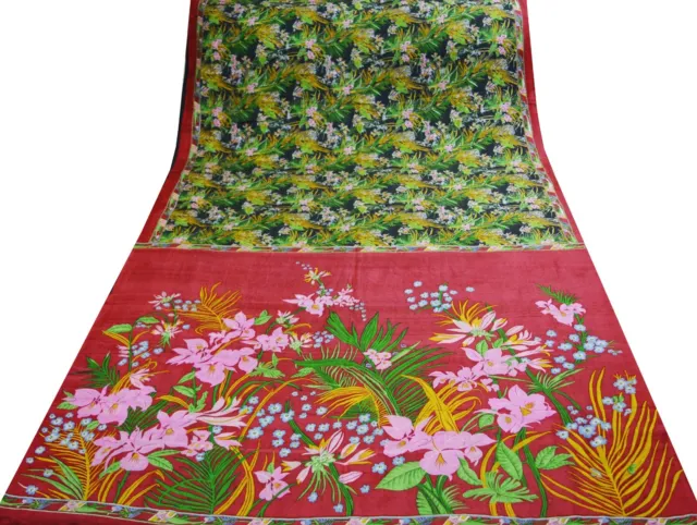 Vintage Black & Red Saree Pure Silk Printed Indian Sari Craft Fabric 5yd Sewing