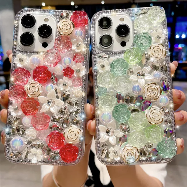 3D Bling Sparkle Crystal Pearl Flower Case For iPhone 14 13 Pro Max 12 11 8 X XR