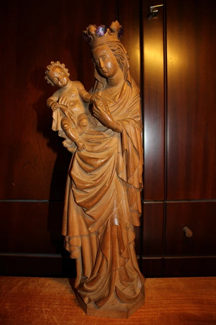 Antique 17" Wood Hand Carved Our Lady Virgin Mary Madonna + Jesus Christ Statue