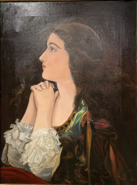 Antique pre-raphaelite style Edwardian oil on canvas portrait of a woman