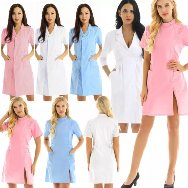 Lab Coats Women Button Front Scrub Dress Nurse Medical Doctor Labcoat Uniform