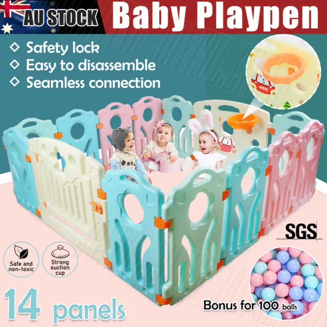 14 Panel Kids Baby Playpen Foldable Safety Gate Toddler Child Play Fence+100ball