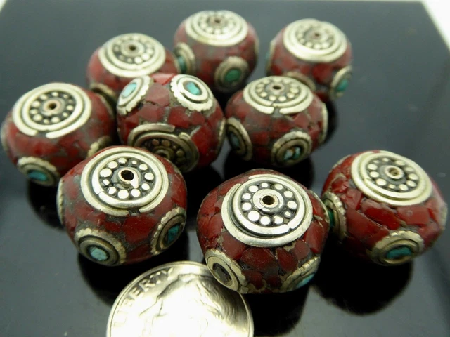 Vintage Nepalese Natural Inlaid Coral Turquoise Rondelle Pendant Focal Bead 1 Pc 8