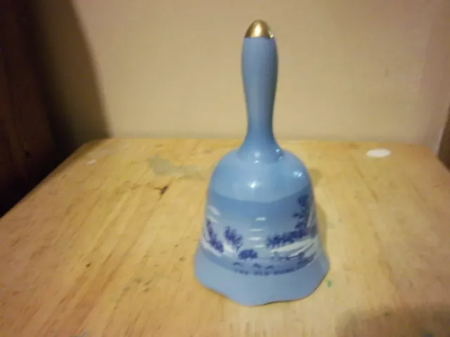 Currier & Ives-The Old Homestead In Winter-Blue Ceramic Dinner Bell  Beautiful!!