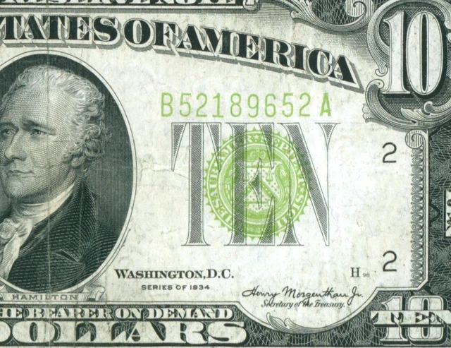 $10 1934 LGS LIME ((LIGHT GREEN SEAL)) Federal Reserve DAILY CURRENCY AUCTIONS