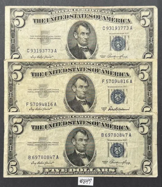 THREE 1953 Series Blue Seal $5 Dollar Bill Silver Certificate Notes ~ NICE BILLS