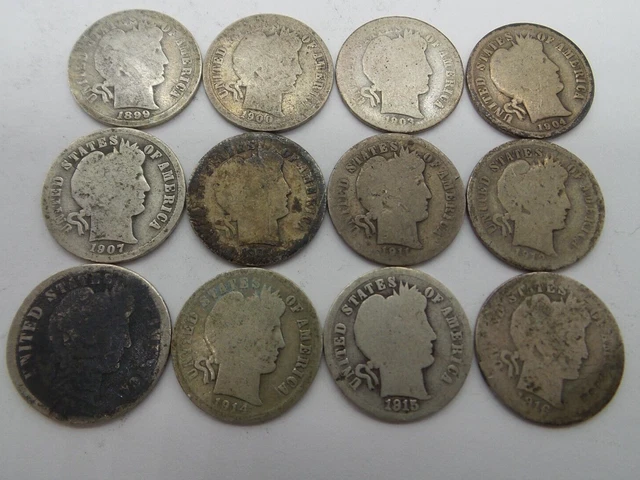Lot of 12 Barber Silver Dimes - Culls -1899-1916 B3513