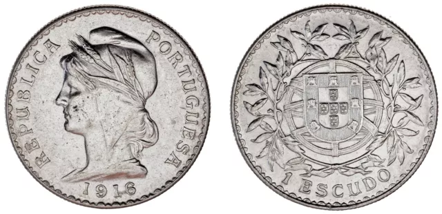 1 Silver Escudo / Plata. Portugal, 1916. República. Unc / Sc.